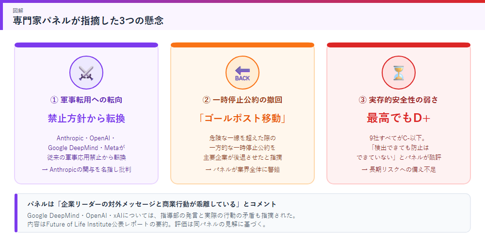 専門家パネルが指摘した3つの懸念、軍事転用・公約撤回・実存的安全性の弱さを示す図解