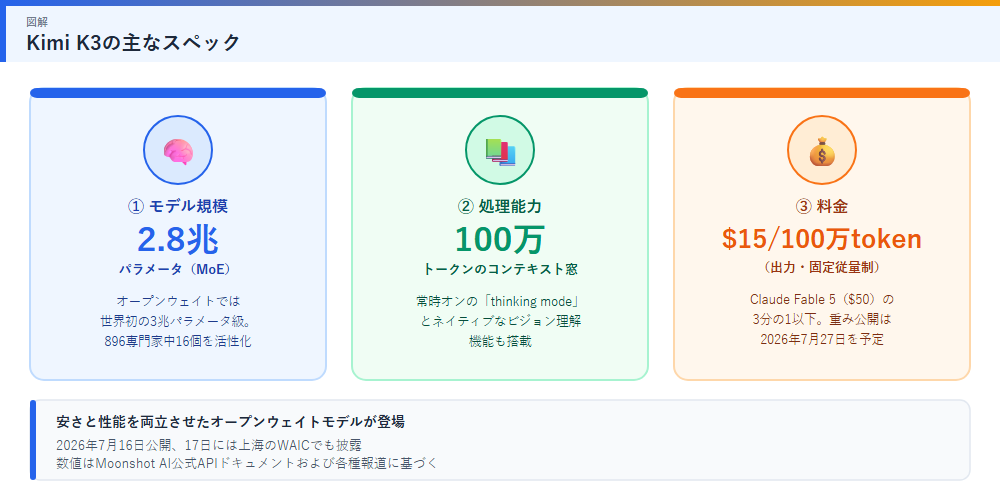 Kimi K3のパラメータ数・コンテキスト窓・料金などスペックを示す図解