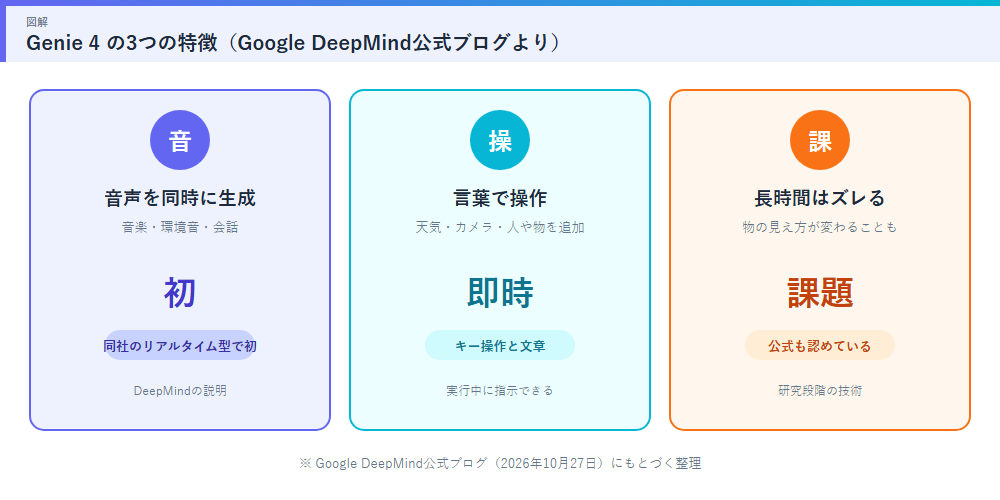 Genie 4の3つの特徴 音声の同時生成 言葉で操作 長時間はズレる